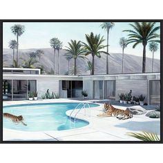 a painting of two tigers in front of a house with a pool and palm trees