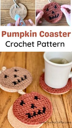 pumpkin coaster crochet pattern with coffee cup and saucer