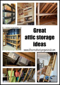 some shelves with different items in them and the words great attic storage ideas above it