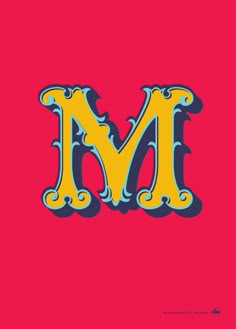 the letter m in blue and yellow on a pink background