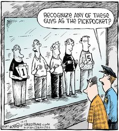 a cartoon depicting people looking at a man in a baseball uniform and the caption says,'recognize any of these guys as the pickpockes? '