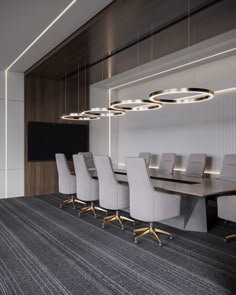 an empty conference room with chairs and a flat screen tv on the wall above it