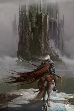 a man riding on the back of a horse next to a giant castle in the sky