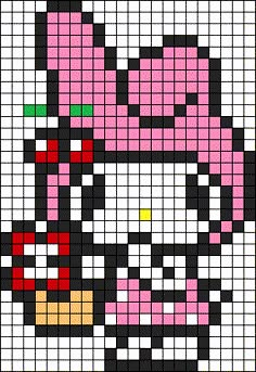 an image of a cartoon character made out of pixelo pixels, with pink and black hair