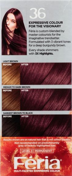 Feria by L'Oreal Paris gives you cutting-edge, multi-faceted, shimmering color that never wrecks or ravages. L'Oreal Paris Feria Shimmering Permanent Hair Color, 36 Chocolate Cherry, 1 kit; Feria by L'Oréal Paris gives you cutting-edge, multi-faceted, shimmering color for vibrant, healthy-looking hair Feria's Bonding Care Complex Conditioner helps repair hair's strength; Helps protect fragile hair bonds Delivers trendy, edgy, shimmering, fashionable and multi-tonal hair colors Vegan formula; No Burgundy Brown Hair Color, Merlot Hair Color, Burgundy Brown Hair, Deep Red Hair Color, Burgundy Balayage, Blue Black Hair Color, Deep Red Hair, Edgy Hair Color, Brown Hair Color Shades