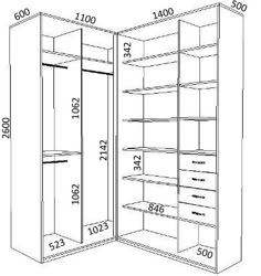 the drawing shows an open closet with shelves and drawers in each section, which is also labeled