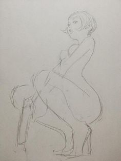 a pencil drawing of a woman sitting on a chair with her legs crossed and head turned to the side