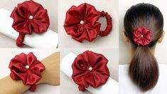 Sewing Scrunchies Tutorials, Satin Accessories, Hair Flower Accessories, How To Scrunch Your Hair, Make Scrunchies, Scrunchie Sewing Tutorial, Sewing Projects Scrunchie, Scrunchie Sewing Pattern Hair Ties, Diy Paper Flower Wall