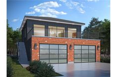 an artist's rendering of a two - story brick house with glass garage doors