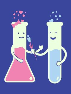 two cartoon characters holding hands in front of a test tube with the words feliz dia dos amarrados