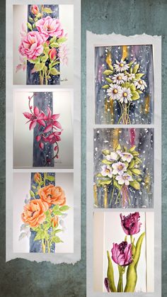 four different paintings of flowers in vases