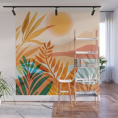 an orange and green wall mural in a living room with wooden flooring, white chair and potted plant