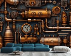 AI Generated Steampunk Pipes Valve Design Graphic Gift, Art Print Photomural Wallpaper Mural Easy-Install Removeable Peel and Stick Decal Fotowalls tailored wall art products are space transformers - designed to instantly create a feeling or a look, and make your rooms as unique as you are. 📦🌎 FREE WORLDWIDE EXPRESS SHIPPING! 🌎📦 📍📐 All sizes are Width by Height 📐📍 INK ➡  We print using HP EcoLatex ink; GreenGuard Gold status with ultra-low emissions and VSC's, suitable for children's bed Steam Punk Room, Steampunk Cafe, Steampunk Interior Design, Santa Grotto, Modern Steampunk, Steampunk Kitchen, Steampunk Wallpaper, Steampunk Ship, Steampunk Interior