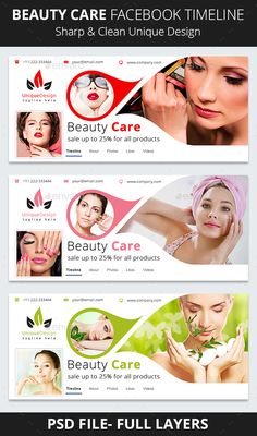 three banners for beauty care and skin care products, each with different images on them