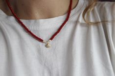 Elegant Red Coral Necklace With 14K Gold Urchin and Aquamarine , Beaded Necklace With Pearls , Summer Necklace - Etsy Red Rondelle Jewelry For Gifts, Faceted Red Coral Beads Jewelry Gift, Red Bead Necklace, Red Beaded Necklace, Necklace With Pearls, Red Beaded Necklaces, Red Coral Necklace, Coral Necklace, Summer Necklace