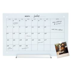 a whiteboard calendar with a cat on it and a photo pinned to the side