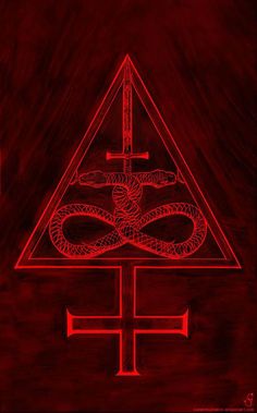 a triangle with two snakes on it and a cross in the middle, surrounded by other symbols