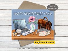 happy new service year english and spanish greeting card with laptop, coffee cup, flower