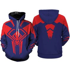 a blue and red hoodie with an image of the spiderman logo on it