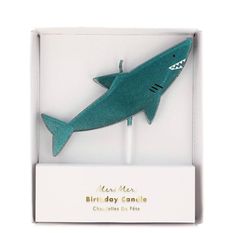 a green shark cake topper in a white box with the words, new moms birth day candle