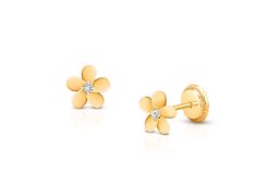 Forget Me Not, Clear CZ Flower Baby/Children’s Earrings, Screw Back - 14K Gold Gold Flower Earrings, Original Jewelry Design, Always Remember You, Kids Earrings, Pretty Jewelry, Childrens Jewelry, Original Jewelry, Gold Flower, Felt Hearts