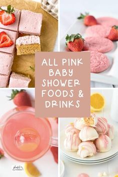 all pink baby shower foods and drinks with strawberries, lemons, marshmallows