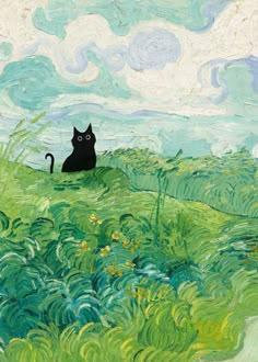 a black cat sitting on top of a lush green grass covered field under a cloudy blue sky