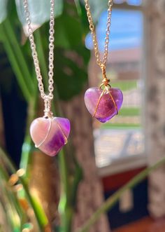 These Amethyst heart necklaces are available in gold or silver! The hearts are under .5 inches! Every heart is unique! The chain measures 16 inches long and can be adjusted.  These are natural crystals so they may have small cracks/dents, but are not very noticeable. If in constant contact with water, this necklace may tarnish! Please avoid doing the following while wearing your necklace: -swimming -sweating -showering -sleeping -sprays Processing time is 3 - 5 days PLEASE DOUBLE CHECK YOUR SHIP Heart Necklace Diy, Heart Crystal Necklace, Wire Wrapped Heart, Constant Contact, Heart Necklaces, Amethyst Heart, Wire Wrap Jewelry, Crystal Heart Pendant, Heart Crystal