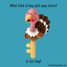 a cartoon turkey holding a key with the words what kind of key can't open doors?