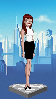 an animated woman standing on top of a platform in front of a cityscape