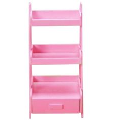 a pink toy shelf with two drawers