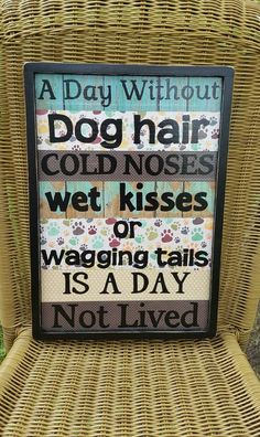 a sign on a wicker chair that says, a day without dog hair could kisses or wagging tails is not lived