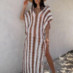 Knit Dress / Swim Cover Up White/Brown. White V-neck Crochet Dress For Beach, Beige V-neck Crochet Beach Dress, White Summer Crochet Dress With Open Knit, White Open Knit Summer Crochet Dress, White Open Knit Crochet Dress For Summer, Chic White Crochet Dress For Beach, White Open Knit Dress For Beach Season, White Open Knit Dress For Vacation, White Open Knit Dress For Day Out