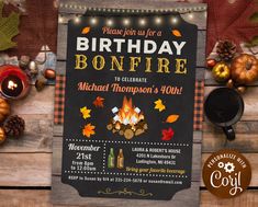 a birthday party with bonfire and fall leaves