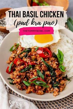 thai basil chicken pad kra pao on a plate with rice