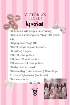 the victoria's secret leg workout plan is shown in pink and white striped background