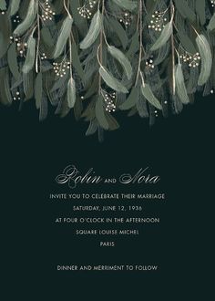 a wedding card with green leaves and berries on the front, in dark blue background