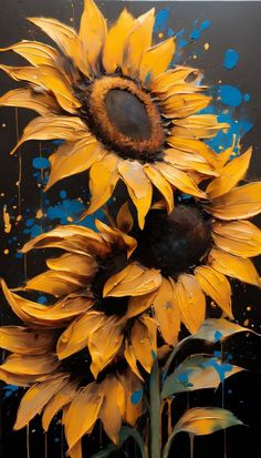 a painting of two yellow sunflowers on a black background