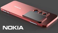 the nokia phone is shown in red and silver with an inscription that says nokia on it