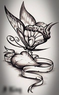 a drawing of a butterfly on top of a piece of paper with ribbon around it