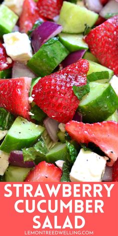 strawberries, cucumber and red onion salad in a bowl with text overlay