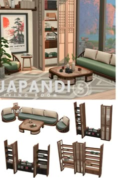 the japanese living room is made out of wood and has multiple pieces of furniture in it