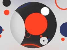 an abstract painting with red, white and blue circles in the center on a gray background