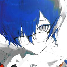 an anime character with blue hair and glasses