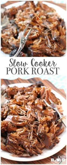 slow cooker pork roast on a white plate with a fork and text overlay that reads slow cooker pork roast