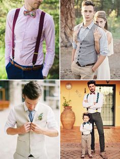 four different pictures of men in ties and bow ties, one is wearing suspenders