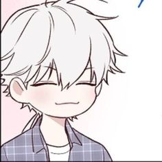 an anime boy with white hair and blue eyes is looking at the camera while wearing a plaid shirt