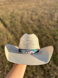 This 4 Ace's, beaded hat band will bring to your western look. Featuring bright, intricate beading, this hat band will bring a pop of color and texture to your wardrobe. Make a statement with this unique accessory. -The Beaded Portion of the Hat band is 17 1/2 inches. -The leather adds a extra 12 inches. The leather ties make the hat band adjustable to your hat. -The length of the entire band is 30 inches. (Hat is not included) I do the Beaded work and my boyfriend does the leather work of the h Cheap Casual Outdoor Hat Bands, Beaded Hat Bands Hats, Luxury White Western Style Hat Bands, Beaded Cowboy Hat Bands Diy, Beaded Hat Bands Alcohol, Cowgirl Hat Bands, Western Hat Bands, Western Hat Styles