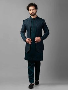 Step out in style with this teal green silk Indowestern, meticulously adorned with embroidery work, making it a captivating choice for any traditional event. It includes a bottom. Saree Petticoat, Reception Outfit, Raw Silk Fabric, Blazer For Boys, Frock Dress, Evening Outfit