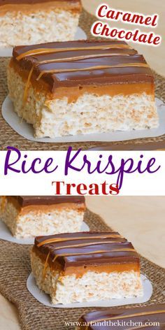 caramel and chocolate rice krispie treats on a white plate with text overlay